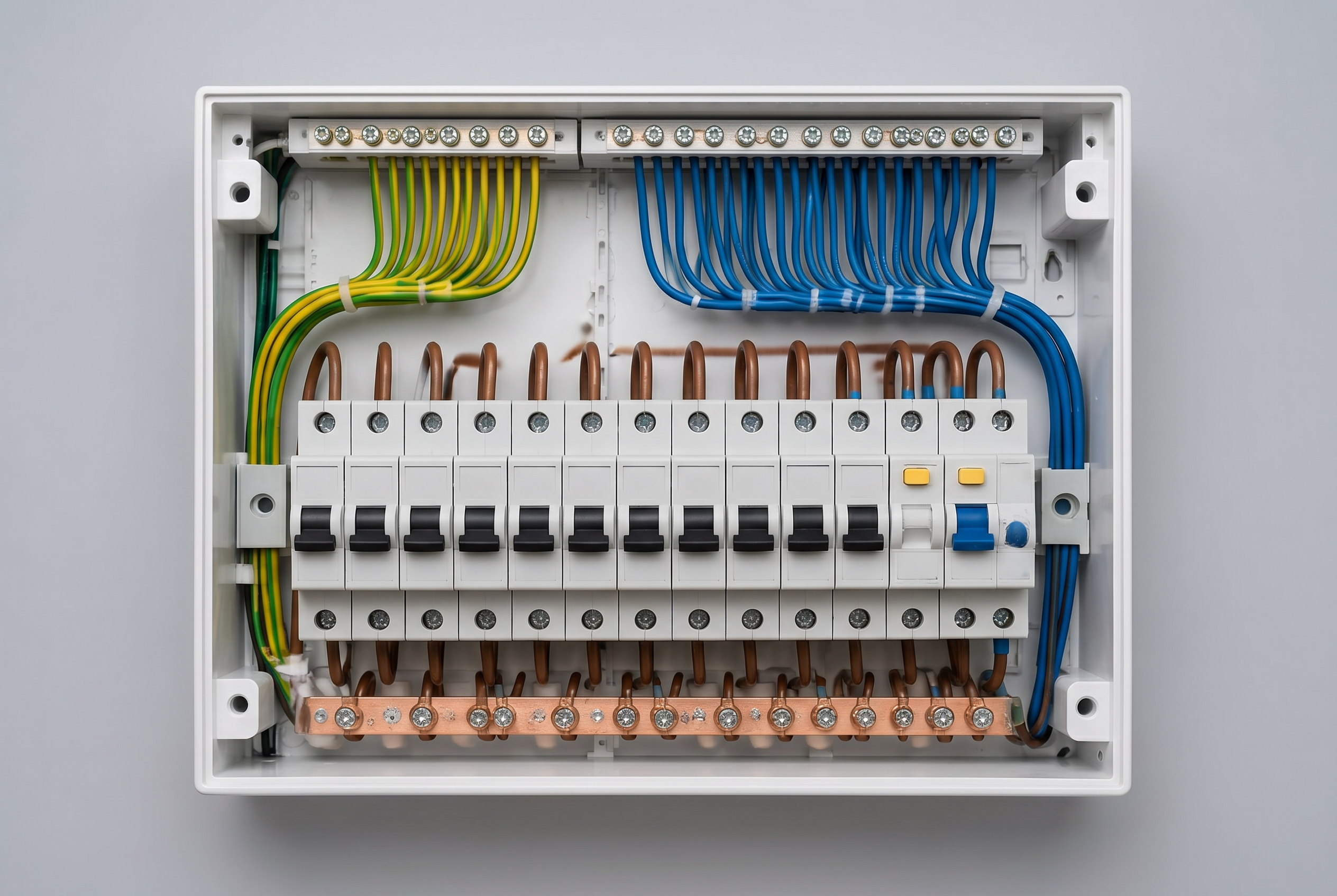 Modern London domestic consumer unit with neatly wired RCBOs on a clean neutral background